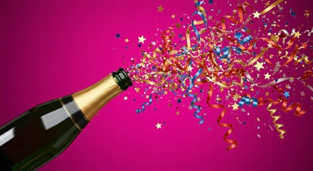 Fototapeta premium Festive Champagne Celebration with Golden Confetti and Party Ribbons Exploding in the Air