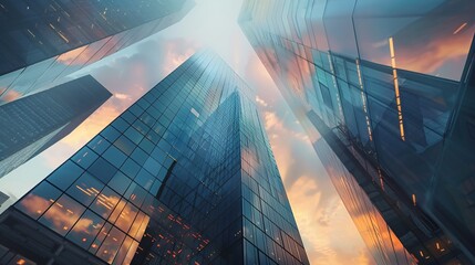 Glass skyscrapers in a modern city reaching towards the cloudy sunset sky