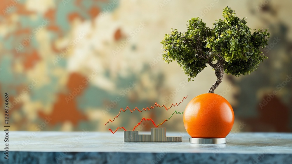 Poster a small tree growing from an orange sphere with rising graph visualizations