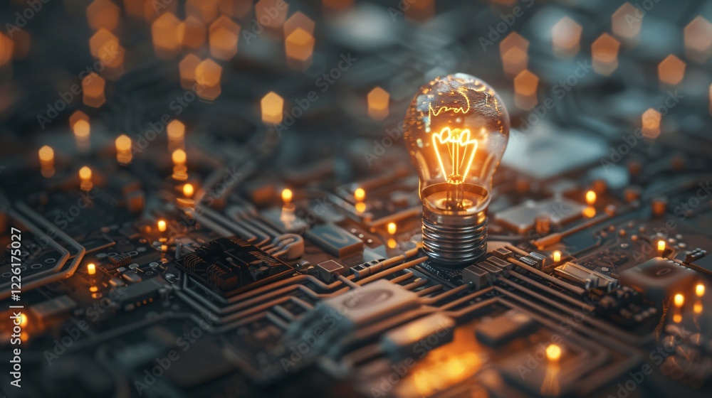 Poster glowing light bulb is illuminating a computer motherboard, symbolizing technological advancement and