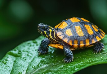 Obraz premium Brightly Colored Turtle on Green Leaf Under Natural Lighting Showcasing Vibrant Shell Patterns in Lush Tropical Environment