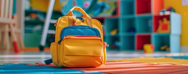 Vibrantly colored kindergarten classroom with a yellow backpack on the floor, signaling the start of the school year