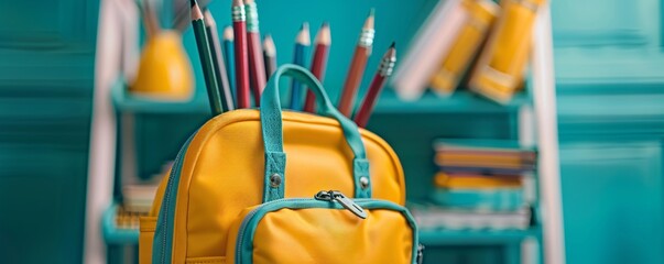 Bright yellow backpack is overflowing with colorful pencils, ready for the start of a new school year