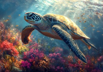 Fototapeta premium Captivating Underwater Scene with Sea Turtle Gliding Through Vibrant Coral Reef and Schools of Colorful Fish in Clear Blue Ocean Waters