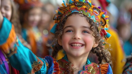 Fototapeta premium Smiling girl in colorful dress with colorful headdress and colorful scarf, portrait