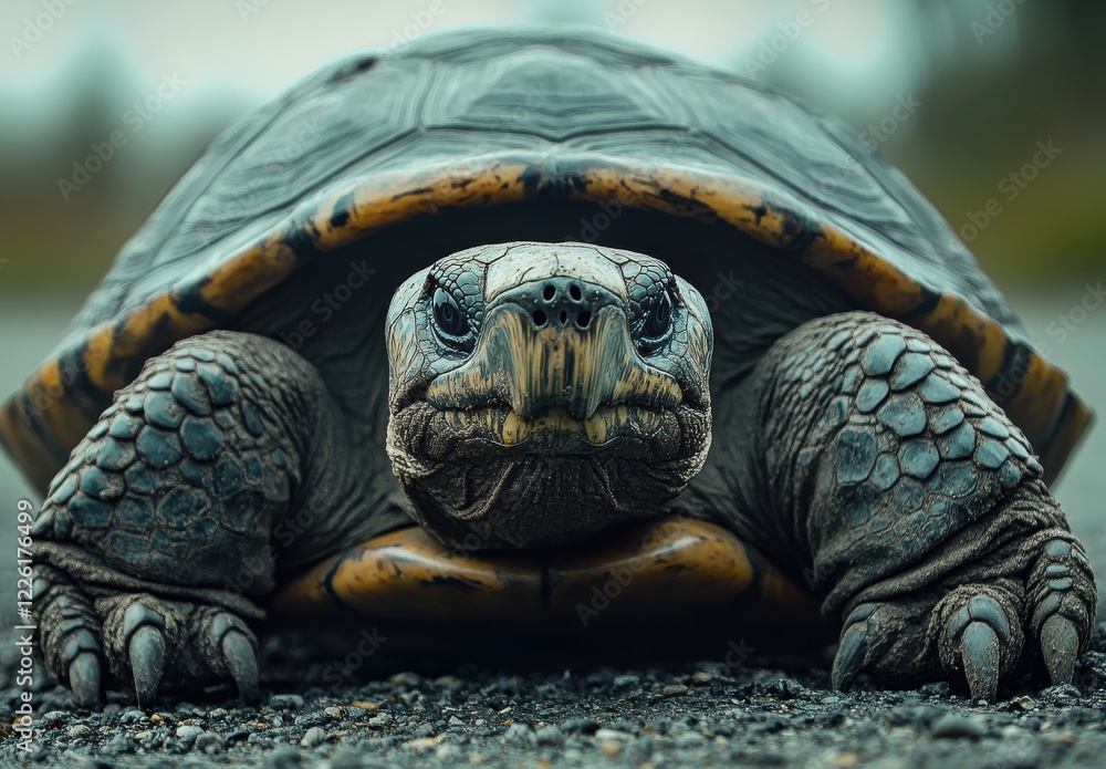 Poster close up of a large tortoise with detailed shell textures in natural outdoor setting on gloomy day