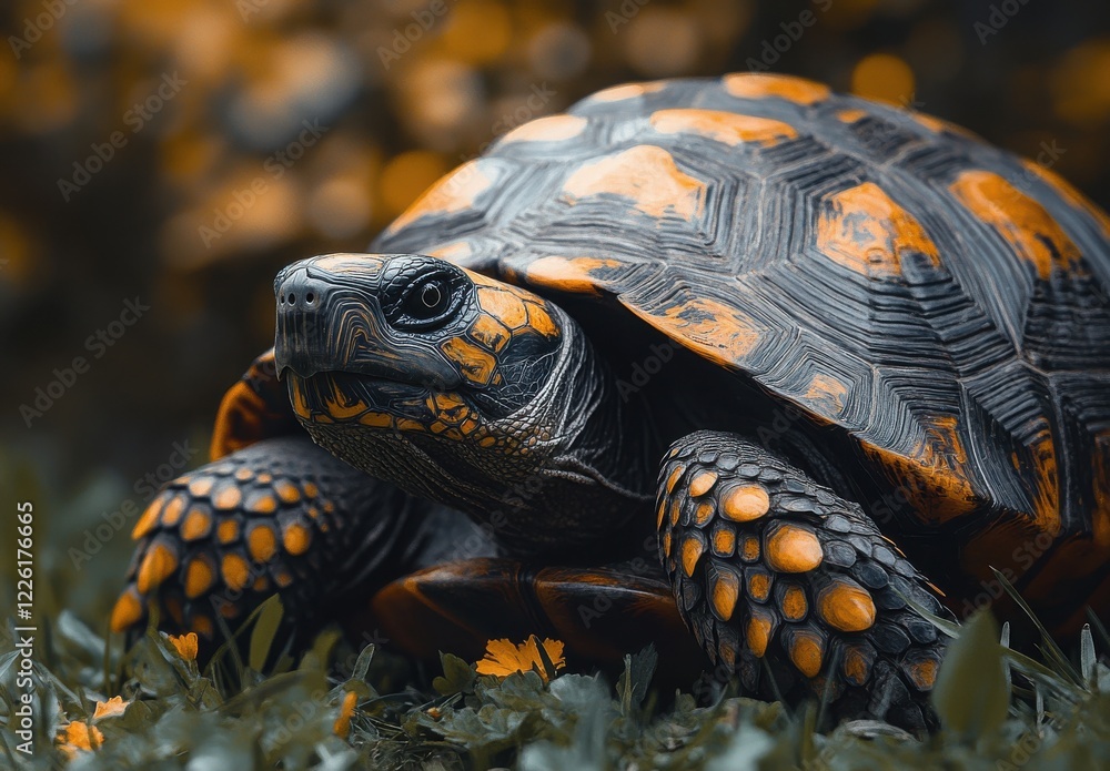 Poster close-up image of a colorful turtle with bright orange and black shell in a natural green environmen