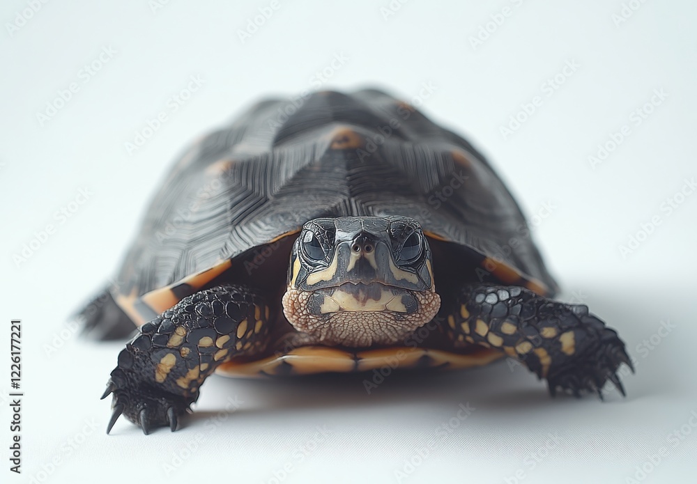 Poster close-up of a beautiful tortoise with detailed shell texture on light background, showcasing unique 
