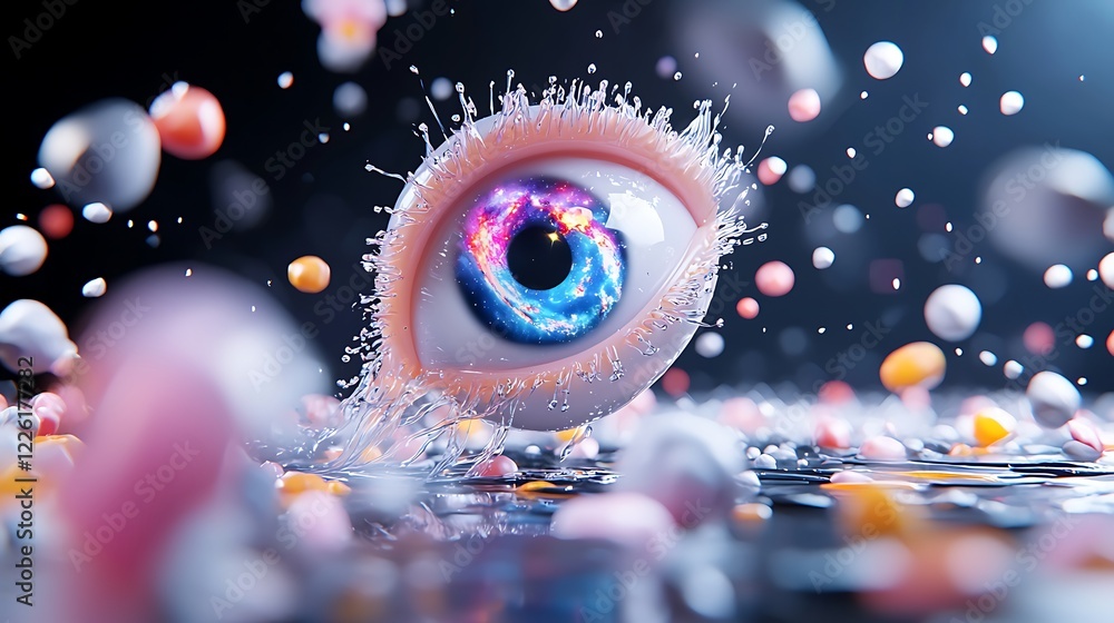Fototapete Cosmic Eye A Surreal 3d Rendering of a Vibrant and Colorful Eye with Particle Effects