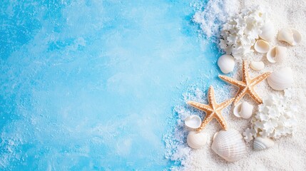Obraz premium Starfish and white seashells arranged on white sand next to a textured blue background, creating a summer beach concept.
