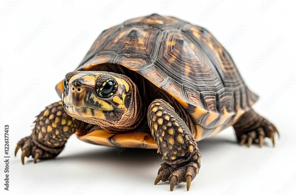 Poster close-up of a beautifully patterned turtle crawling on a light background with sharp details showcas
