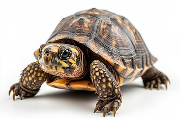 Fototapeta premium Close-up of a Beautifully Patterned Turtle Crawling on a Light Background with Sharp Details Showcasing Unique Shell and Features