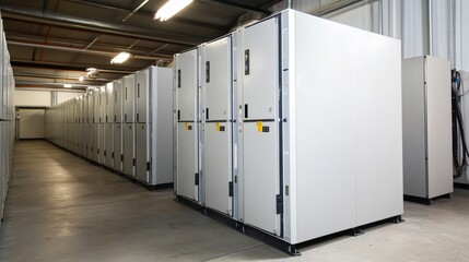 Long row of white electrical cabinets in a modern industrial setting inside a factory