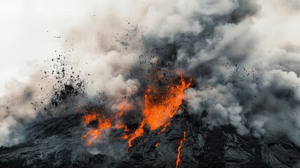 Fototapeta premium Volcanic eruption, ash cloud, lava flow, fiery explosion, nature disaster, background white, environmental catastrophe, geological event