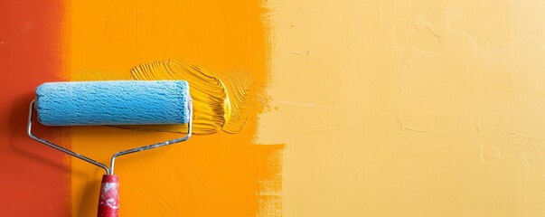 Paint roller is applying a stripe of bright yellow paint to an orange wall