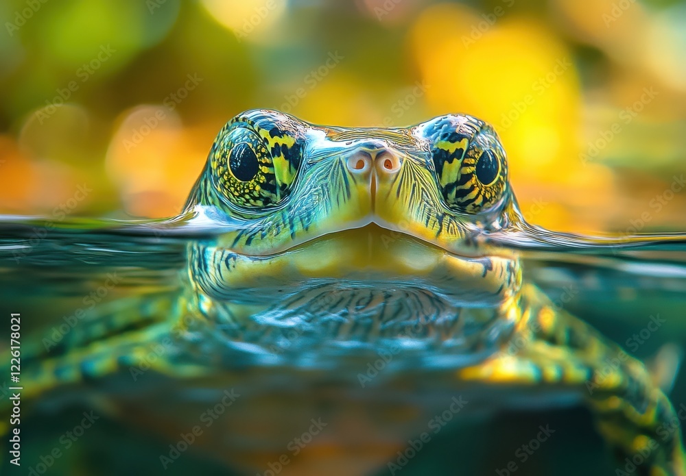 Aufkleber close-up of a colorful turtle face emerging from water, showcasing bright patterns and expressions a