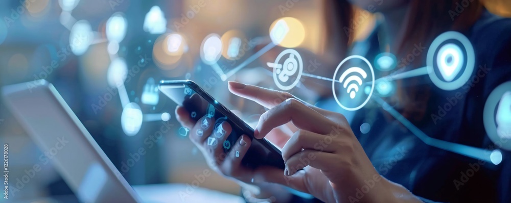 Poster businesswoman accessing global network and data exchange using smartphone and laptop