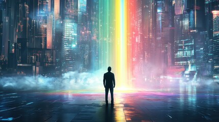 Man contemplates futuristic rainbow portal, cityscape background, digital art
