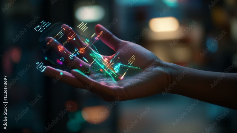 Aufkleber hand holding holographic interface displaying digital icons and data streams