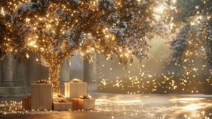 Obraz premium Tranquil morning scene. Gifts rest beneath a shimmering, snow-dusted tree bathed in soft golden light. Magic fills the air, hinting at festive joy.