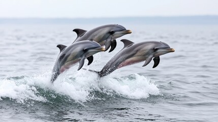 Obraz premium Three dolphins leaping, ocean waves, coastal background, wildlife photography
