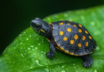 Obraz premium Close-Up of a Colorful Turtle Resting on a Leaf Surrounded by Lush Greenery Captured in a Natural Habitat Setting