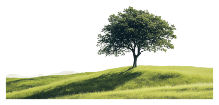 Lone tree on a hillside under clear sky isolated on transparent background