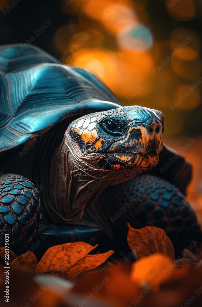 Poster close-up of a colorful turtle surrounded by autumn leaves in a forest setting with warm tones and so