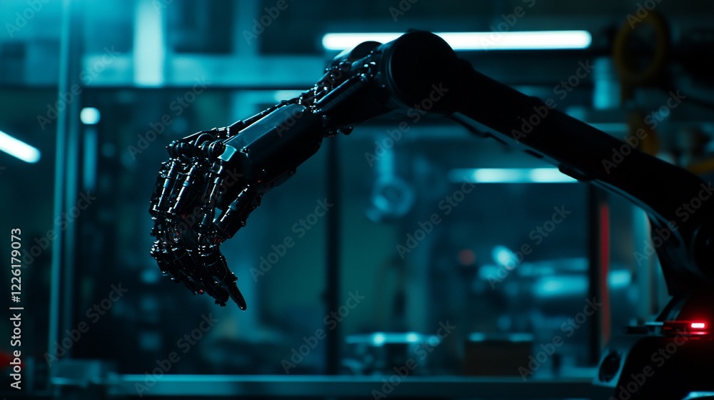Poster close-up of a robotic arm in a factory setting with illuminated blue lights