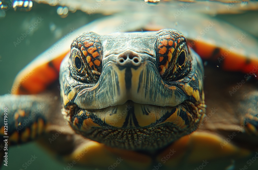 Poster close-up of a colorful turtle underwater with clear water background and soft bubbles surrounding it