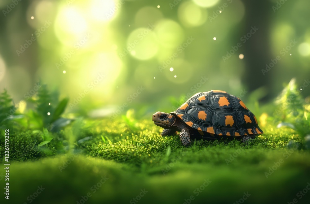 Poster close-up of a colorful turtle walking through lush green forest with soft bokeh background and sunli