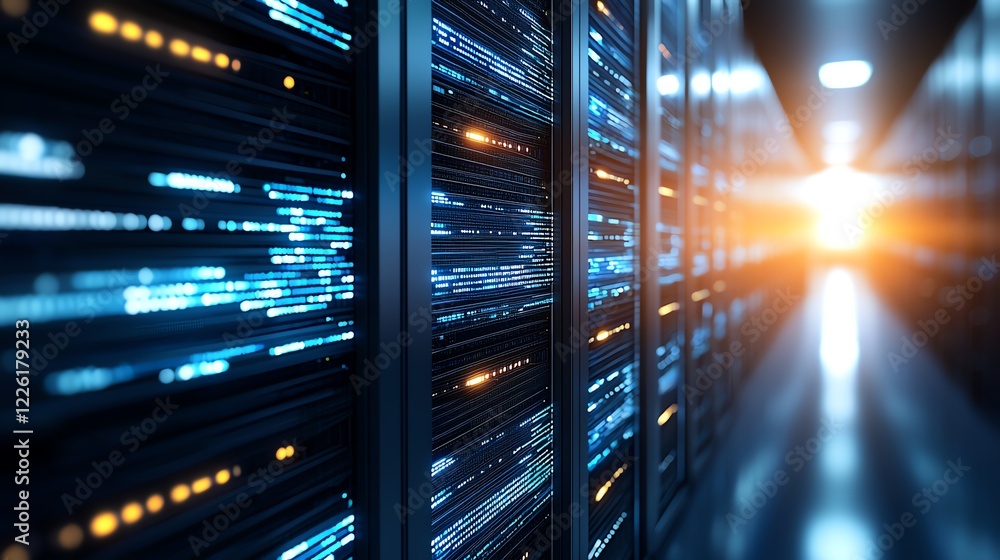 Poster a captivating view of a modern data center, showcasing rows of server racks illuminated by soft ligh