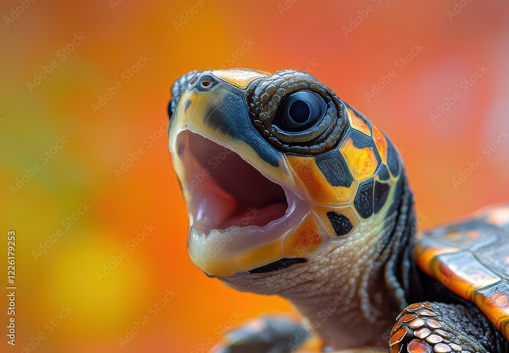 Poster close-up of a colorful turtle with an open mouth against a vibrant orange background capturing a det
