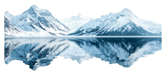 Fototapeta premium Snow-covered mountain peaks reflect in calm lake isolated on transparent background