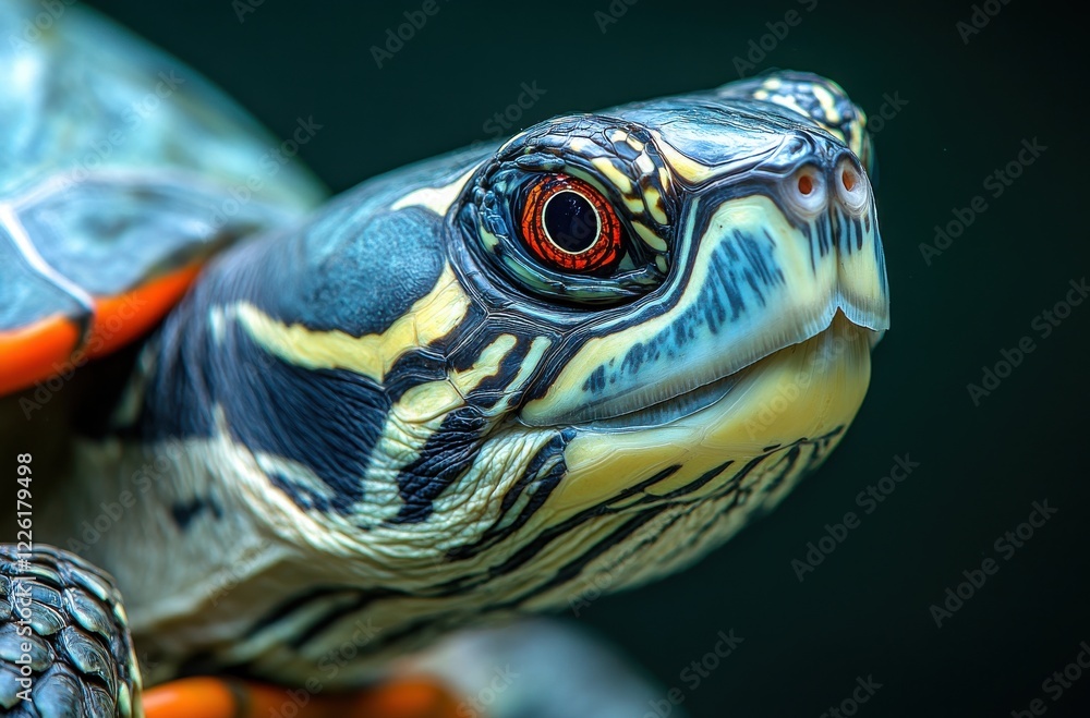 Aufkleber close-up of a colorful turtle with intricate shell patterns and bright eyes on a dark background, sh