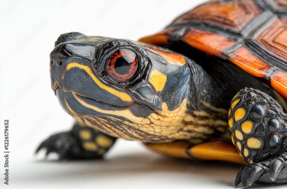 Poster close-up of a colorful turtle with intricate shell patterns sitting on a white background in a studi