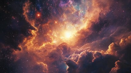 Fototapeta premium Cosmic Nebula Fiery clouds, stars, and galaxies swirl. Background use