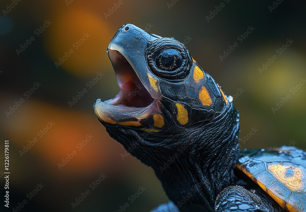Poster close-up of a colorful turtle with open mouth captured in natural habitat highlighting unique patter