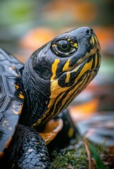 Obraz premium Close-up of a Colorful Turtle with Striking Yellow and Black Patterns on Shell Surrounded by a Beautiful Natural Background in Soft Focus