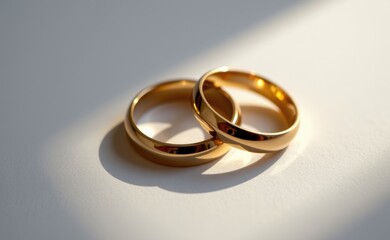 A close-up of two elegant gold wedding rings on a white surface, illuminated by soft natural light, symbolizing love, marriage, commitment, and eternity.