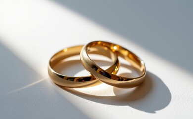 A close-up of two elegant gold wedding rings on a white surface, illuminated by soft natural light, symbolizing love, marriage, commitment, and eternity.