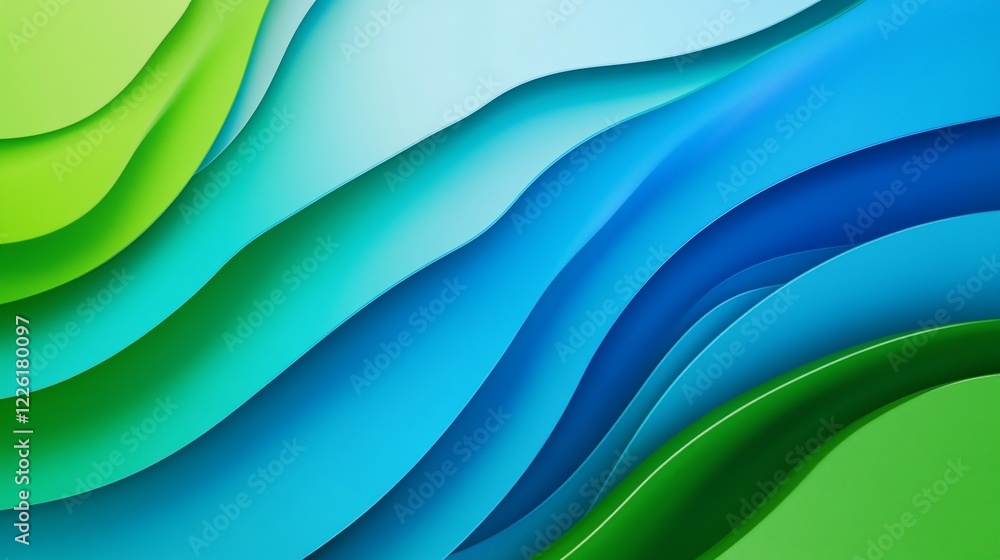 Poster abstract wavy layers in shades of green and blue create a fluid, dynamic pattern