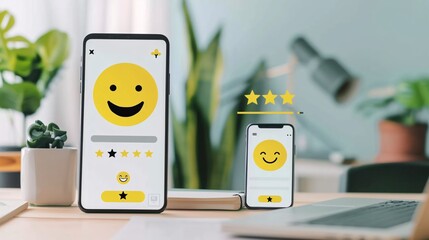 Completing a customer satisfaction survey on a mobile app, indicating outstanding service