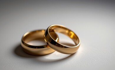 A close-up of two elegant gold wedding rings on a white surface, illuminated by soft natural light, symbolizing love, marriage, commitment, and eternity.