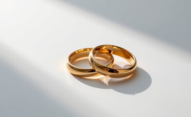 A close-up of two elegant gold wedding rings on a white surface, illuminated by soft natural light, symbolizing love, marriage, commitment, and eternity.