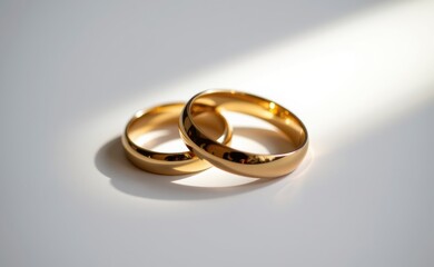 A close-up of two elegant gold wedding rings on a white surface, illuminated by soft natural light, symbolizing love, marriage, commitment, and eternity.