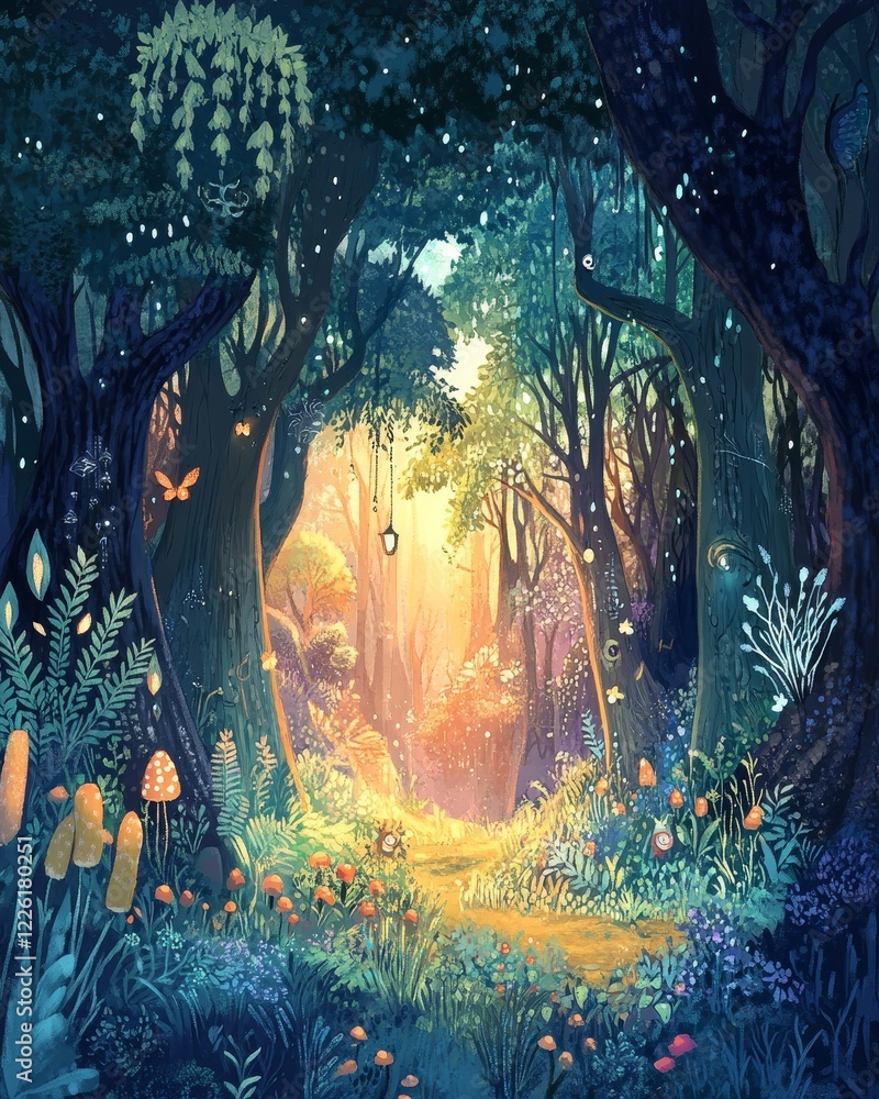 Poster a magical forest scene with luminescent flora and fauna creating an ethereal atmosphere, leading the