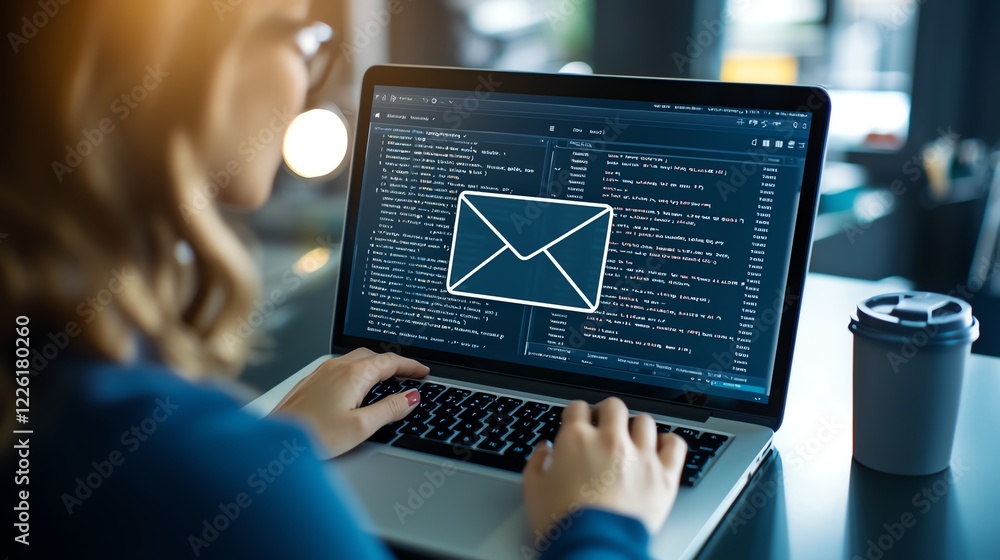 Poster a close-up of a person using a laptop with an email interface on the screen. the setting is a modern