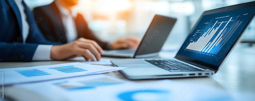 Poster a close-up of a professional workspace with laptops displaying data charts. ideal for illustrating m