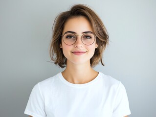 Fototapeta premium A cheerful young woman with stylish glasses smiles warmly at the camera. She has short brown hair and a casual white t-shirt, showcasing a friendly and approachable demeanor.